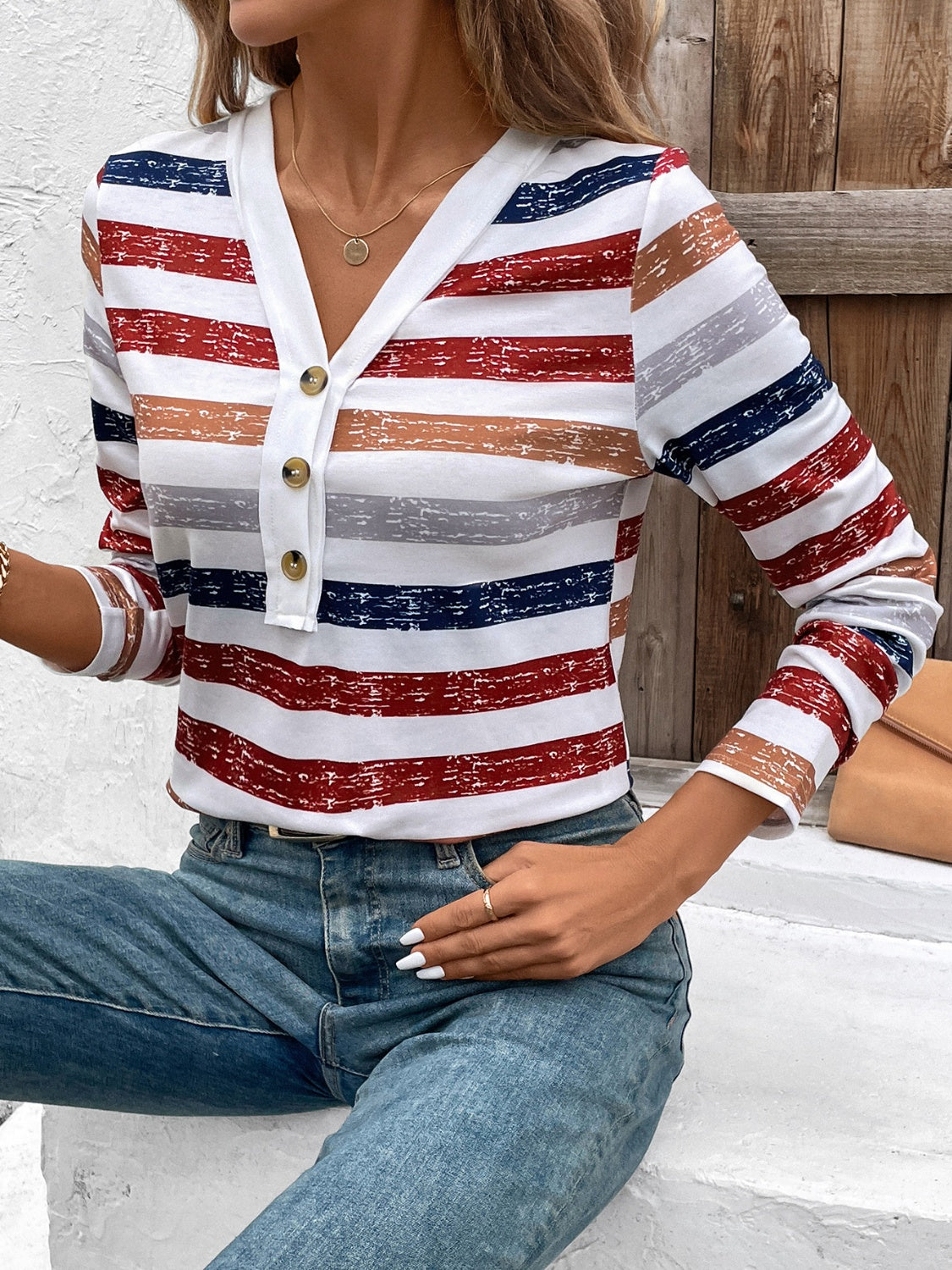 Contrast Striped V-Neck Long Sleeve T-Shirt - Ladyez