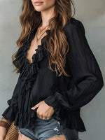 Ruffle V-Neck Long Sleeve Blouse