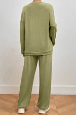 Pocketed Round Neck Top and Pants Lounge Set - Ladyez