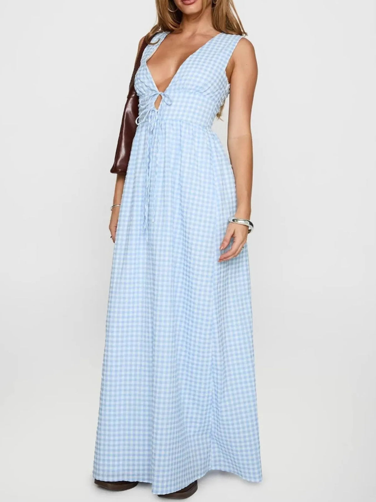 Plaid Tie Front Sleeveless Maxi Dress - Ladyez