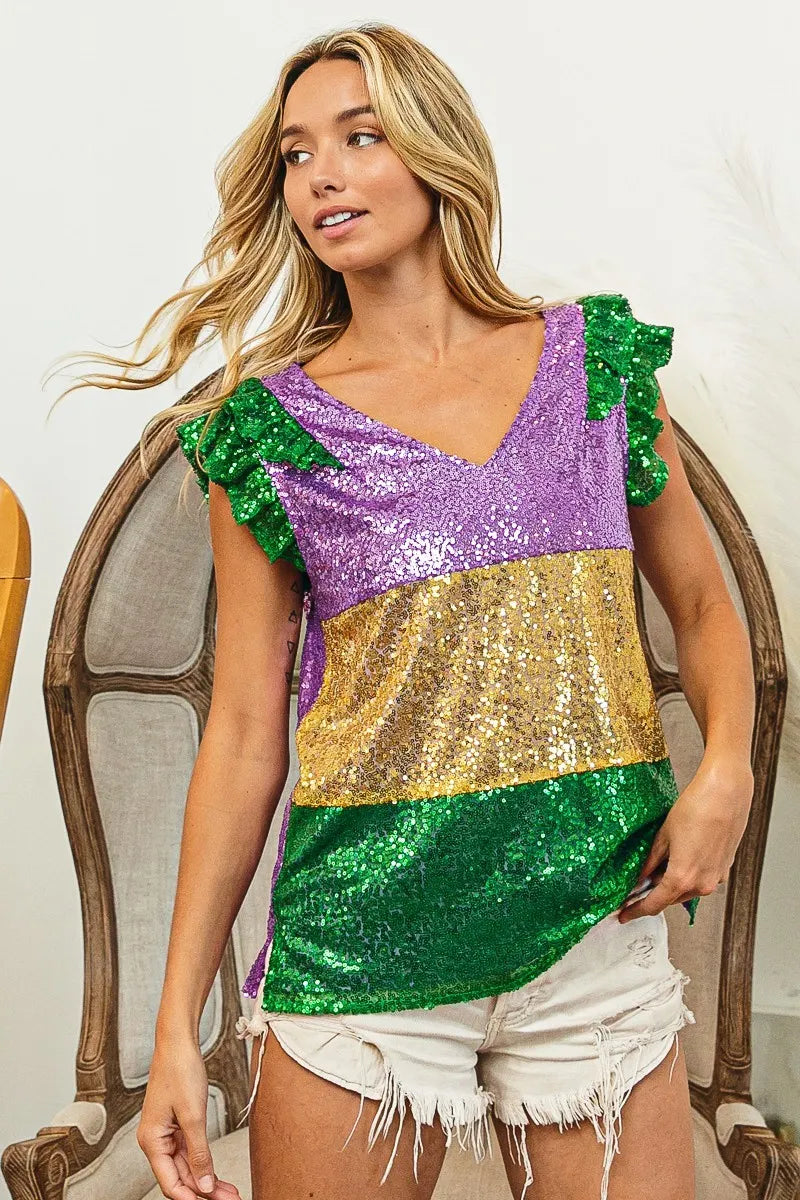 BiBi Mardi Gras Sequin Color Block RuffledTop