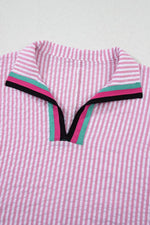 Striped Print Contrast Split Neck Dolman Sleeve Blouse - Ladyez