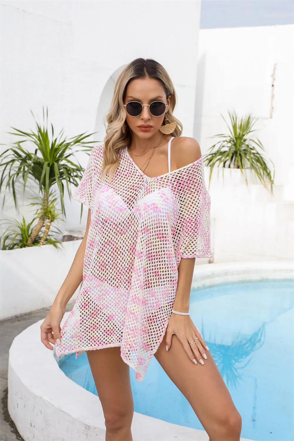 Angel Wings Openwork V-Neck Short Sleeve Cover Up - Ladyez