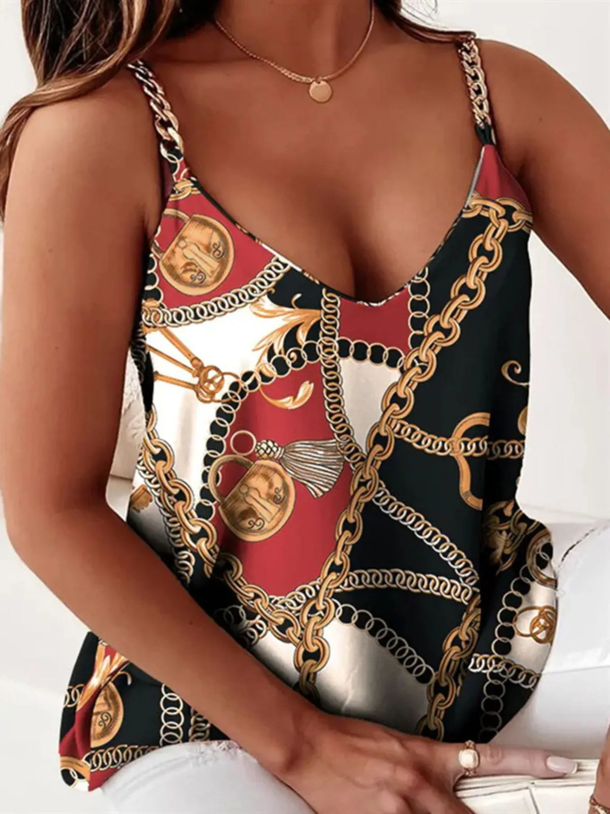 Chain Strap V-Neck Tank Top - Ladyez