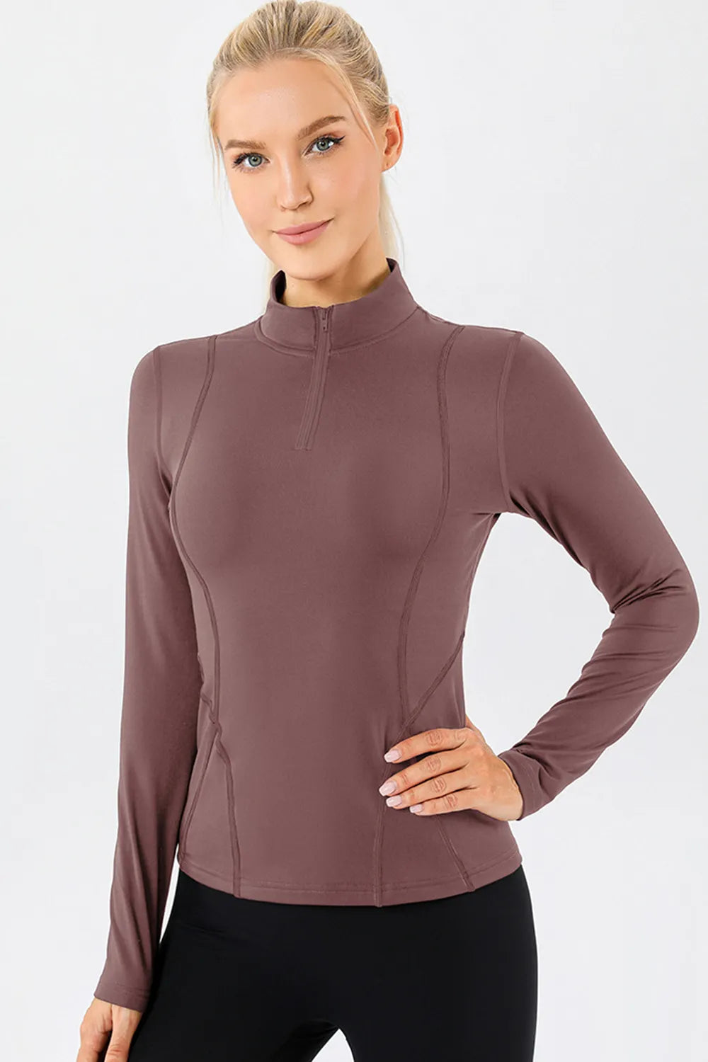 Mock Neck Quarter Zip Active T-Shirt - Ladyez