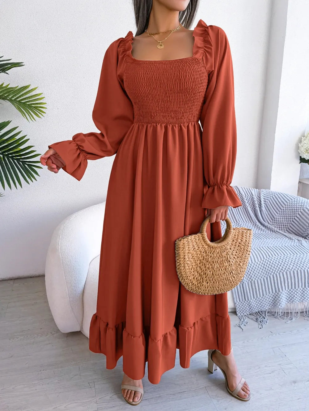 Smocked Square Neck Flounce Sleeve Dress - Ladyez