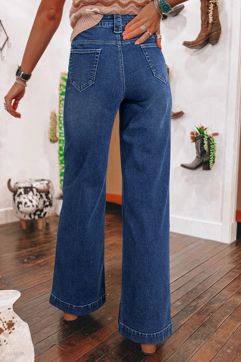 Wide Leg Pocketed High Waist Jeans - Ladyez