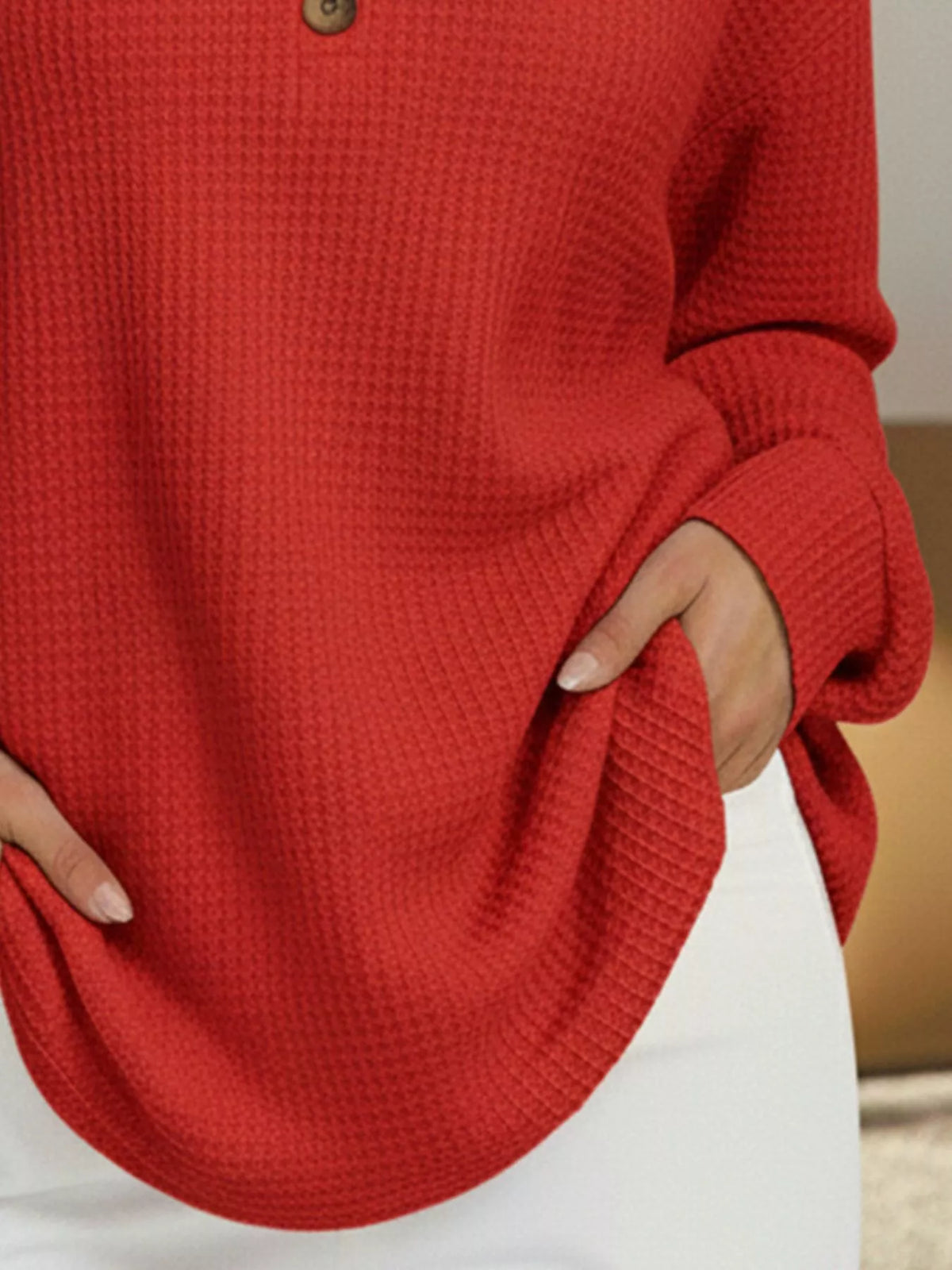 Full Size Casual Waffle Knit V-Neck Long Sleeve T-Shirt Plus Size
