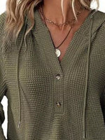 Full Size Button Detail Waffle Knit Hoodie Plus Size