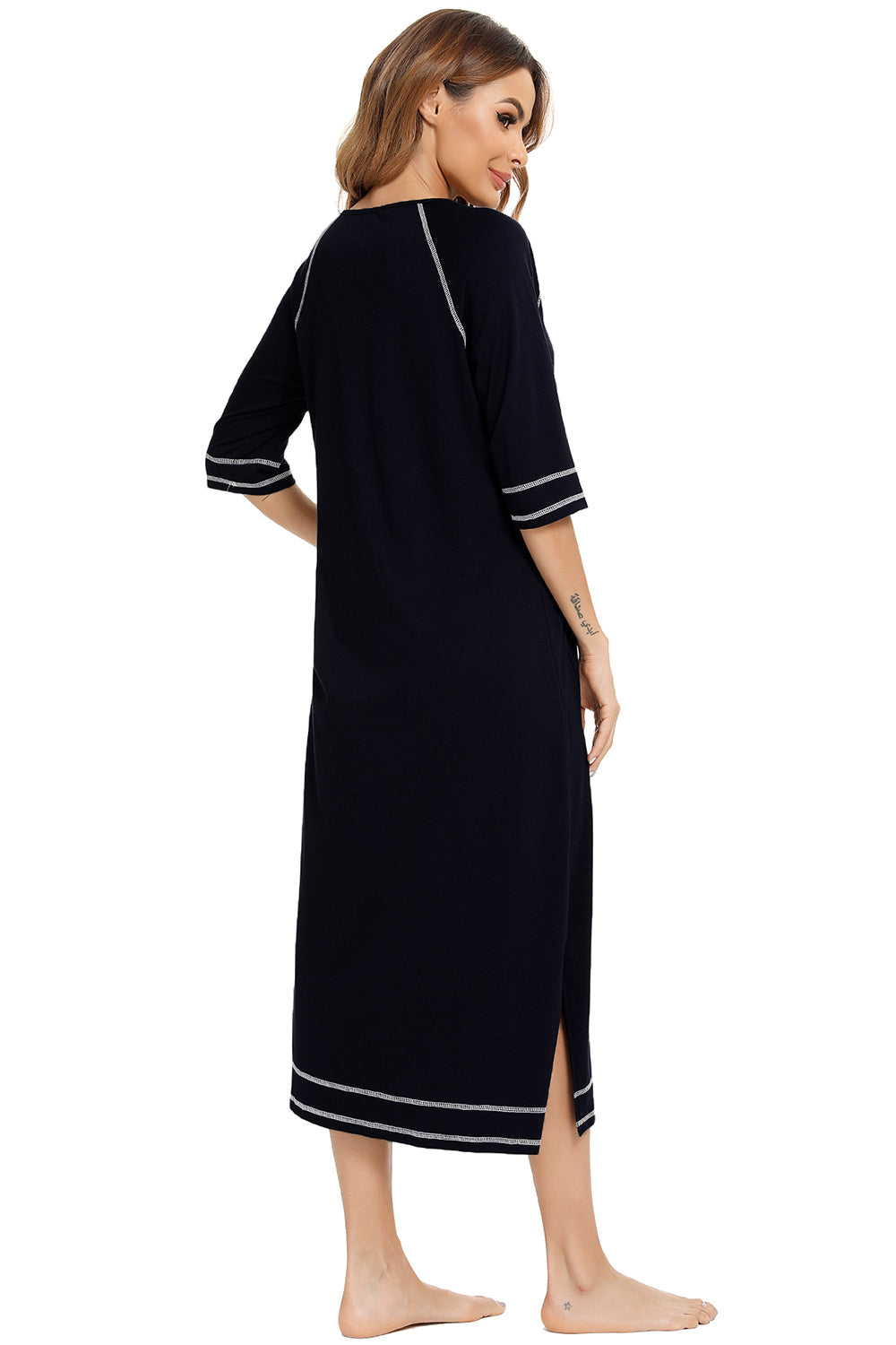 Zip Up Slit Round Neck Night Dress with Pockets - Ladyez