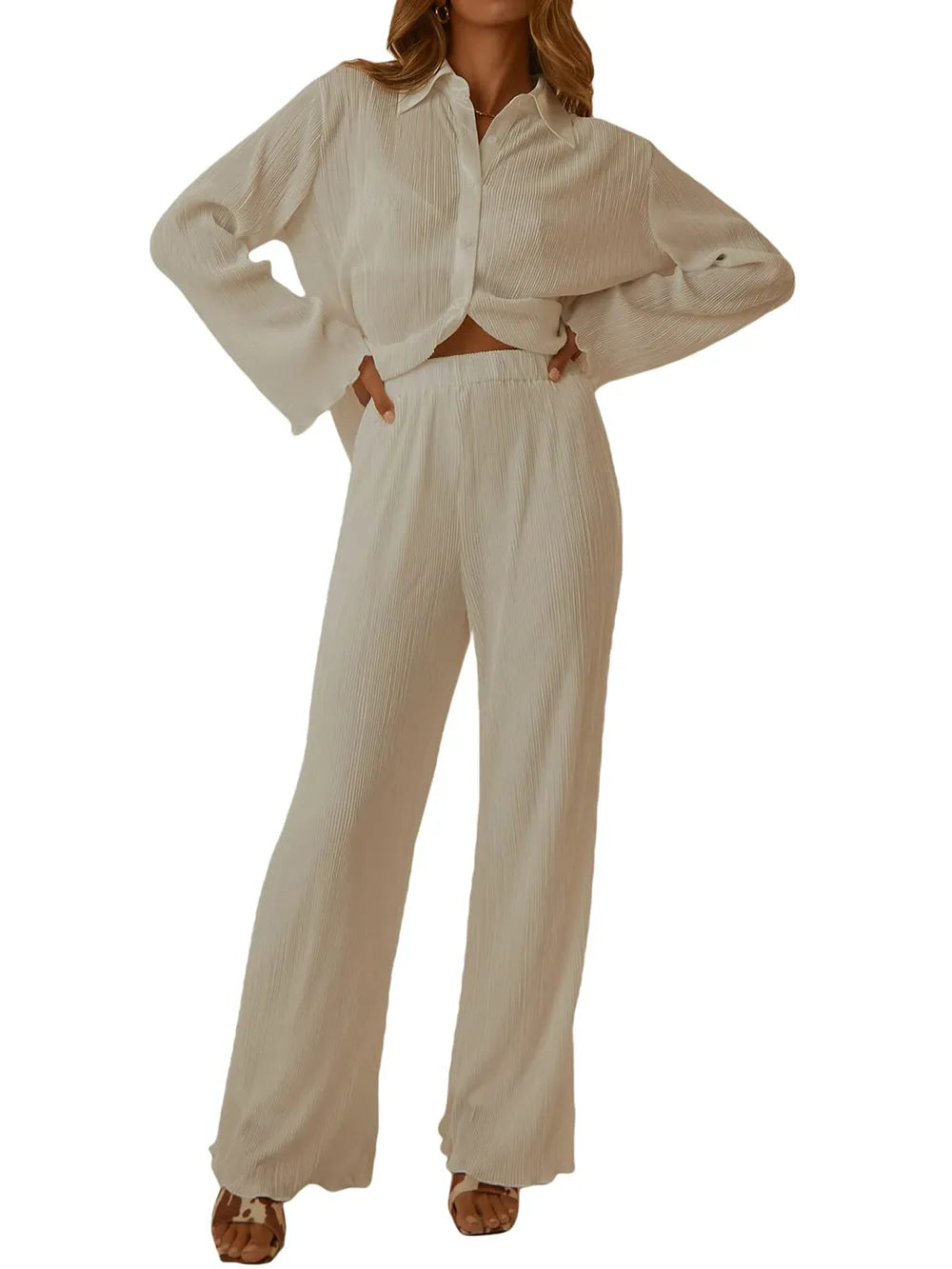 Collared Neck Long Sleeve Top and Pants Lounge Set - Ladyez