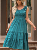 Shirred Pleated Square Neck Sleeveless Midi Dress