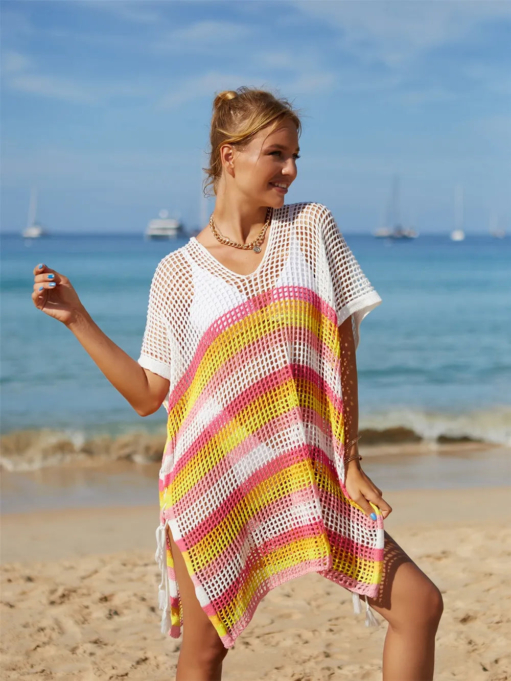 Angel Wings Cutout Striped Cover-Up with Tassel - Ladyez