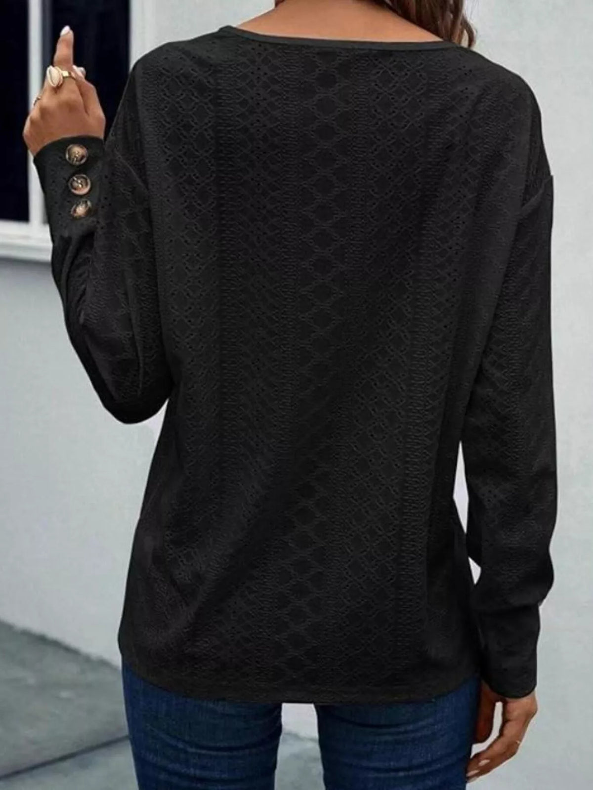 Eyelet V-Neck Long Sleeve Blouse
