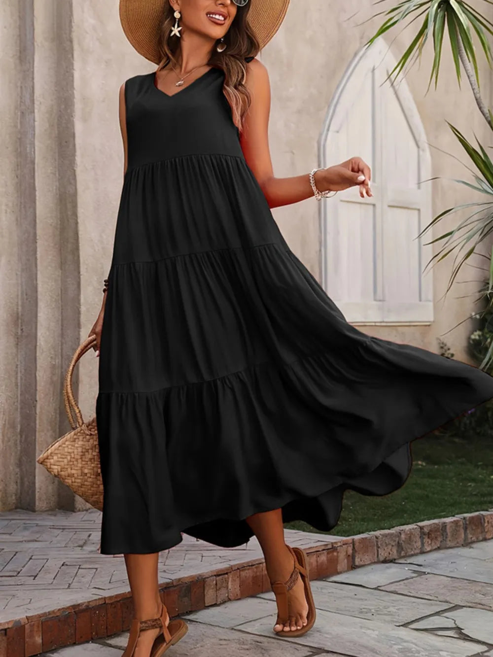 Tiered V-Neck Sleeveless Dress - Ladyez
