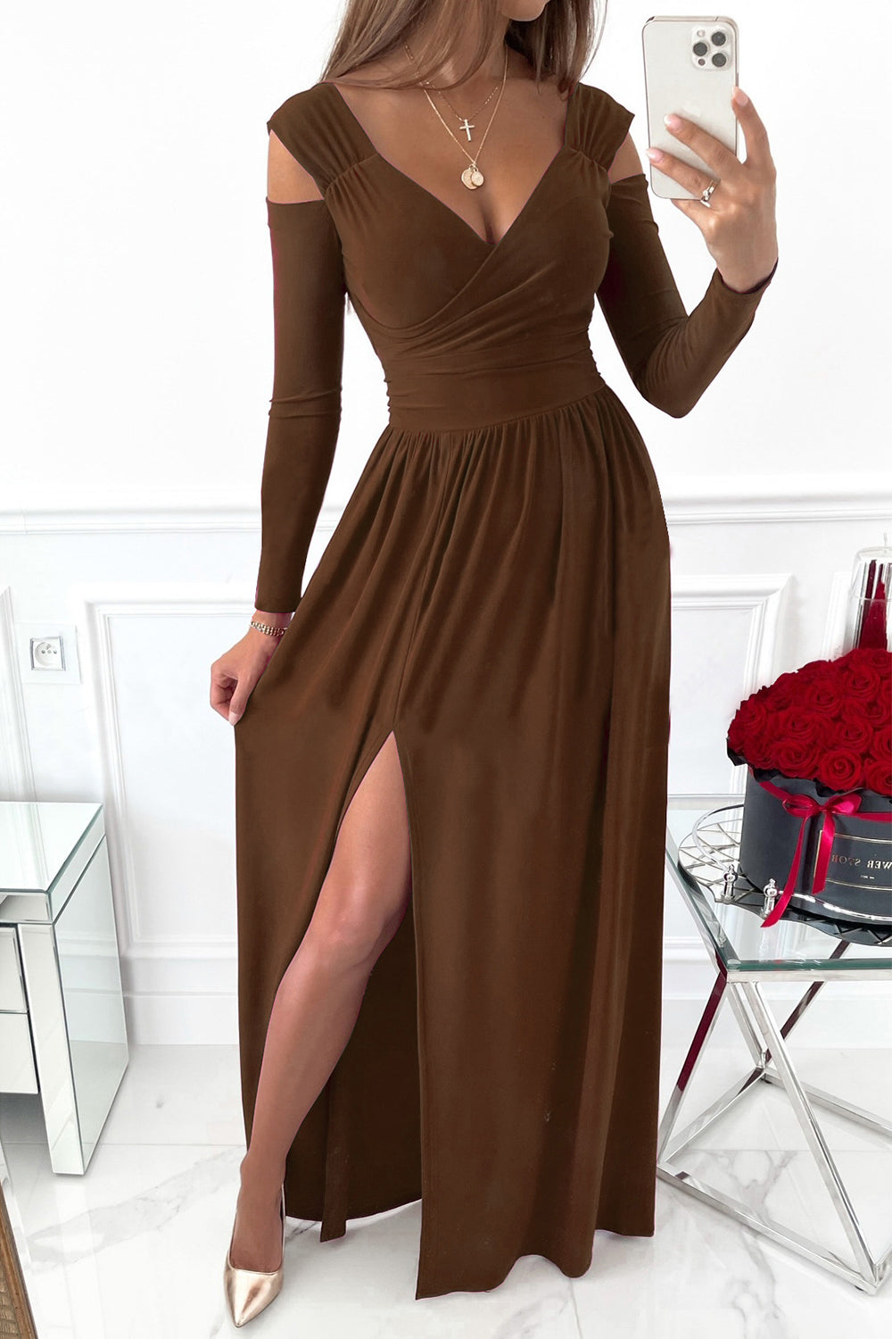 Slit Surplice Long Sleeve Maxi Dress - Ladyez