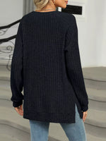 Round Neck Side Slit Ribbed Knit Top with Asymmetric Button Detail