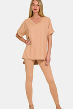 Zenana Full Size V-Neck Rolled Short Sleeve T-Shirt and Leggings Lounge Set - Ladyez