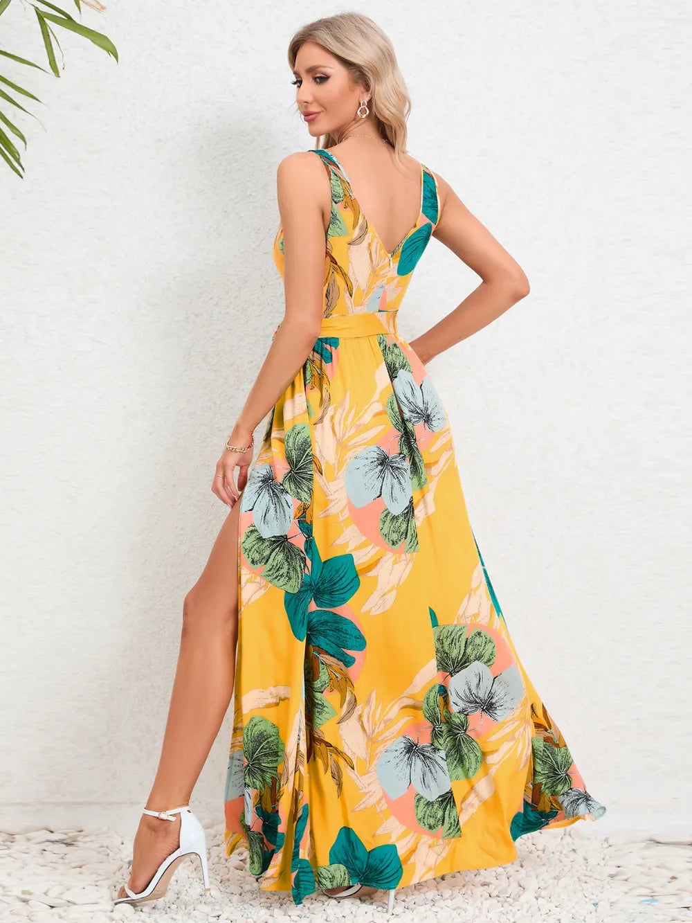 Slit Tied Printed Surplice Dress - Ladyez