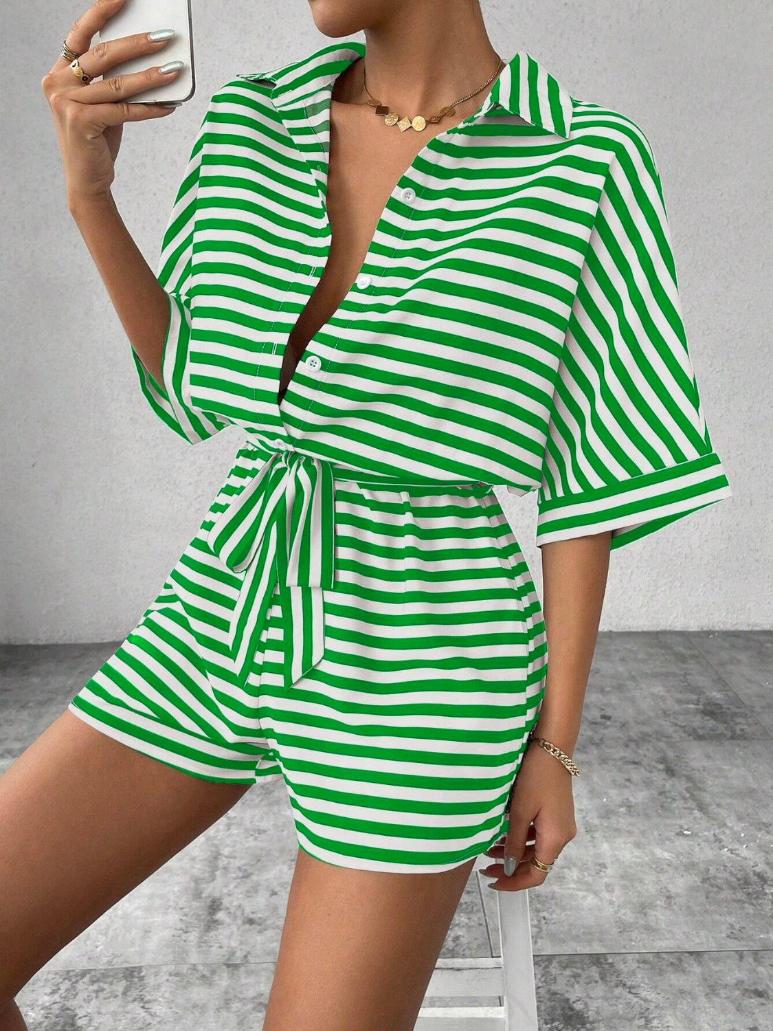 Tie Waist Half Button Striped Romper - Ladyez
