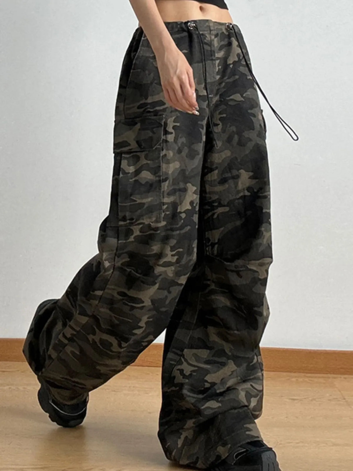 Drawstring Camouflage Cargo Wide Leg Jeans - Ladyez