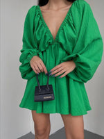 Deep V-Neck Balloon Sleeve Dress