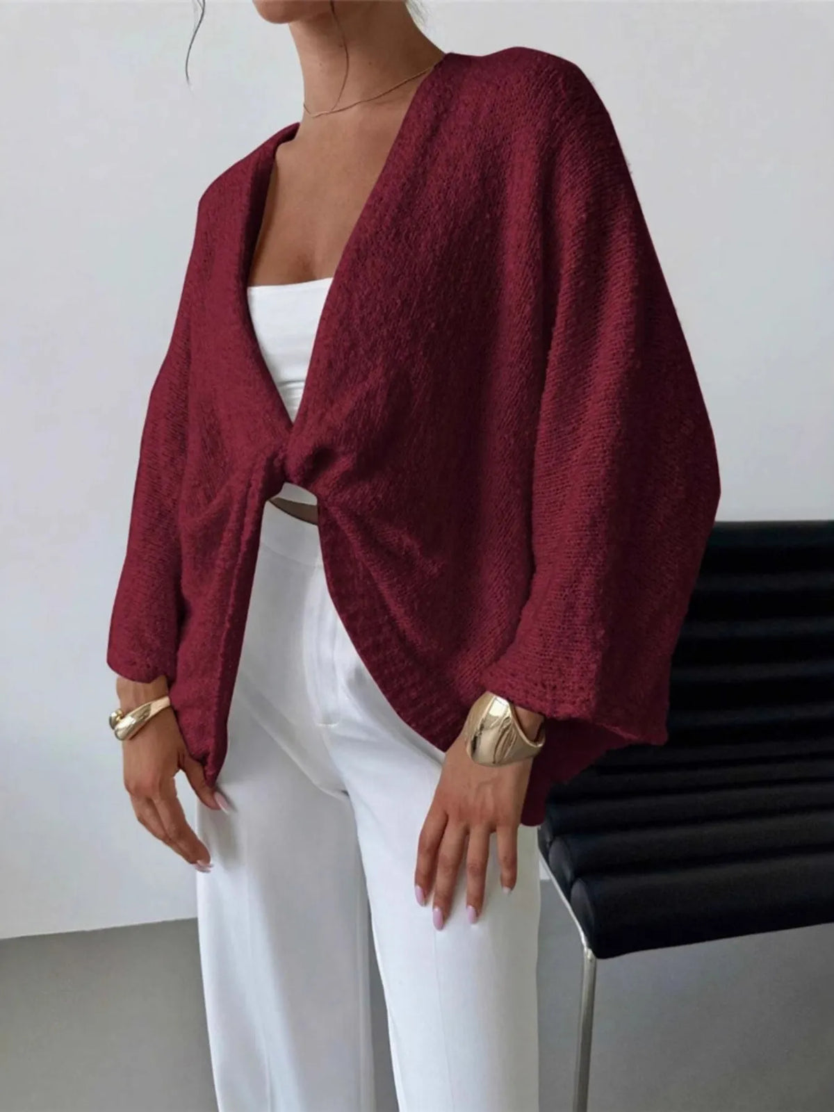 Twist-Front Textured Knit Cardigan