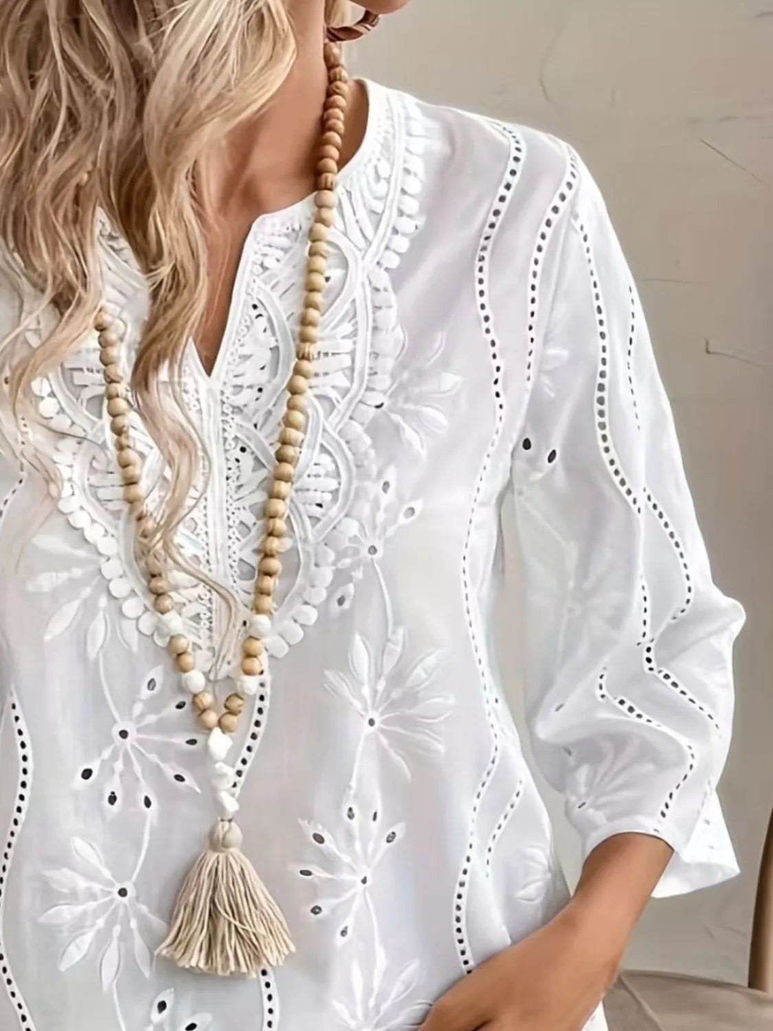 Eyelet Notched 3/4 Sleeve Blouse - Ladyez
