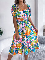 Spring Summer Casual Floral Square Collar Short Sleeve Waist Trimming Ruffles A line Dress Women Clothing