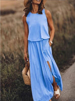 Spring Summer Women Clothing round Neck Sleeveless Dress Split Solid Color Casual Office Dress