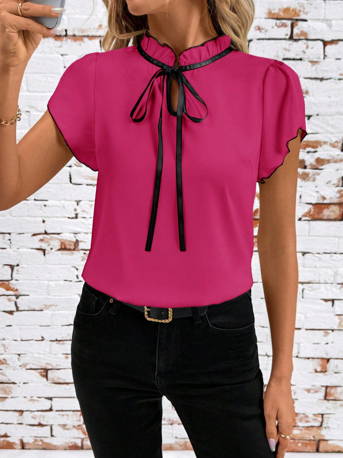 Tie Neck Short Sleeve Blouse