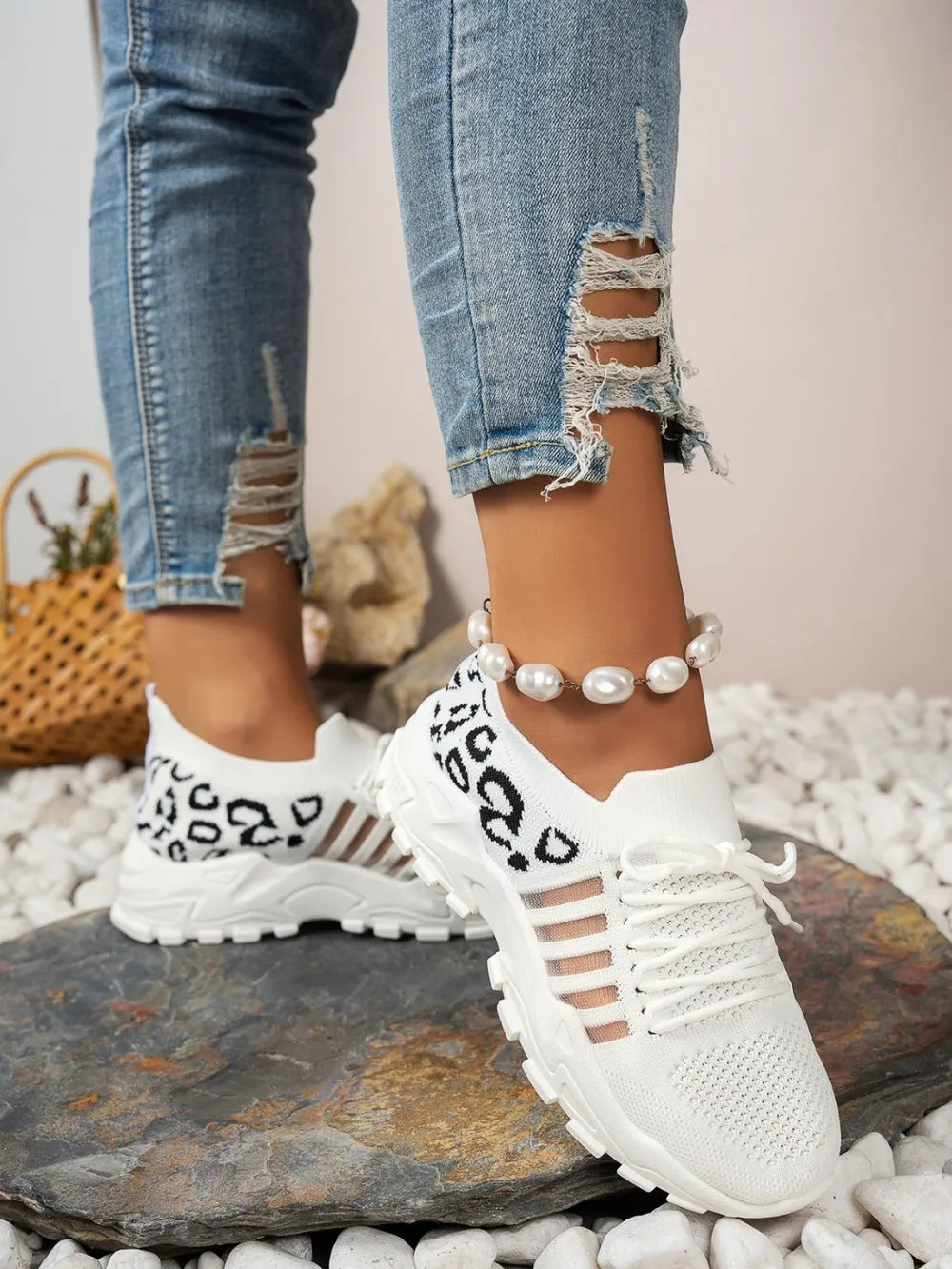 Cutout Leopard Lace Up Mesh Athletic - Ladyez