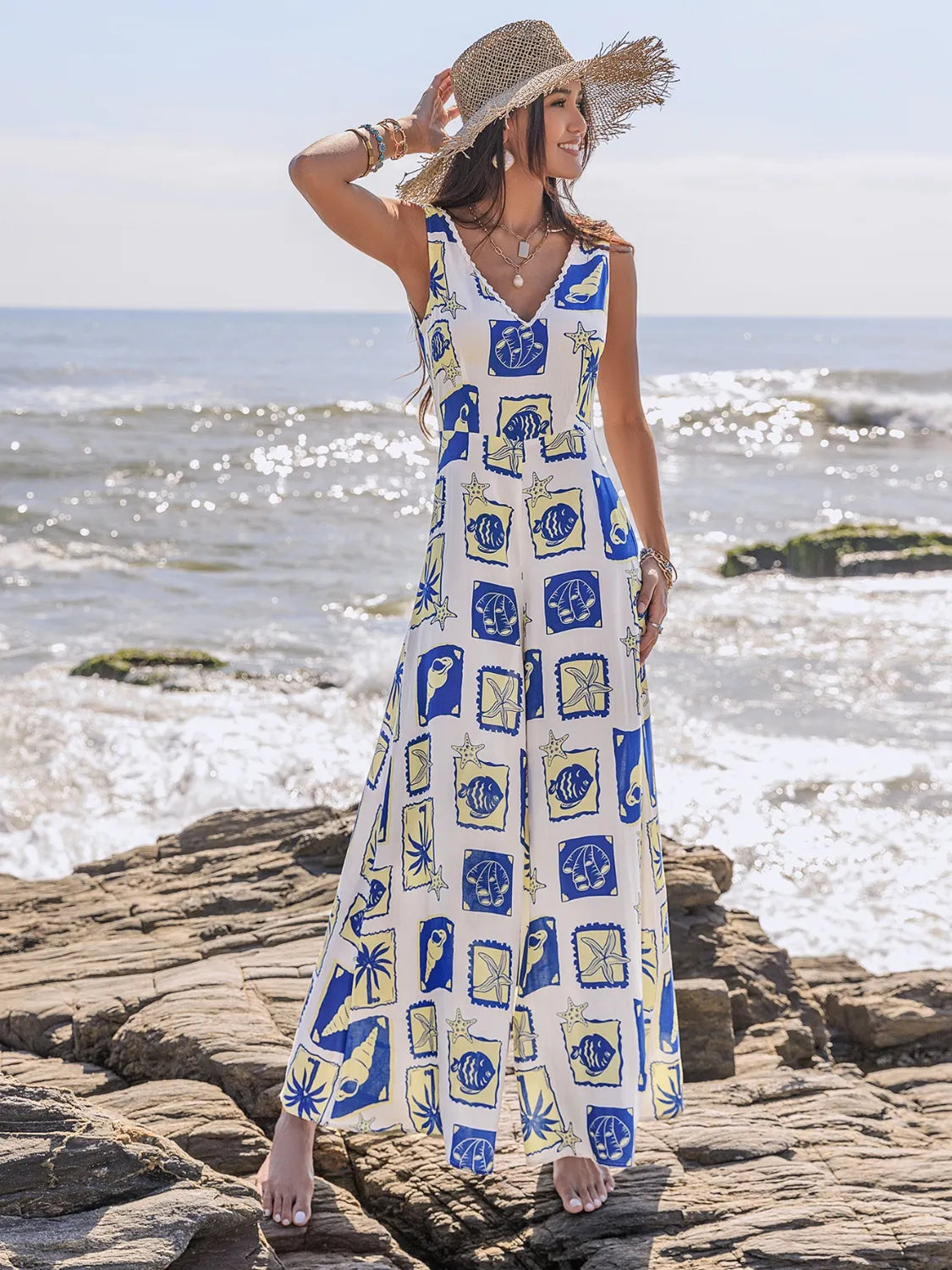 Printed V-Neck Wide Leg Jumpsuit - Ladyez