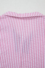 Striped Print Contrast Split Neck Dolman Sleeve Blouse - Ladyez