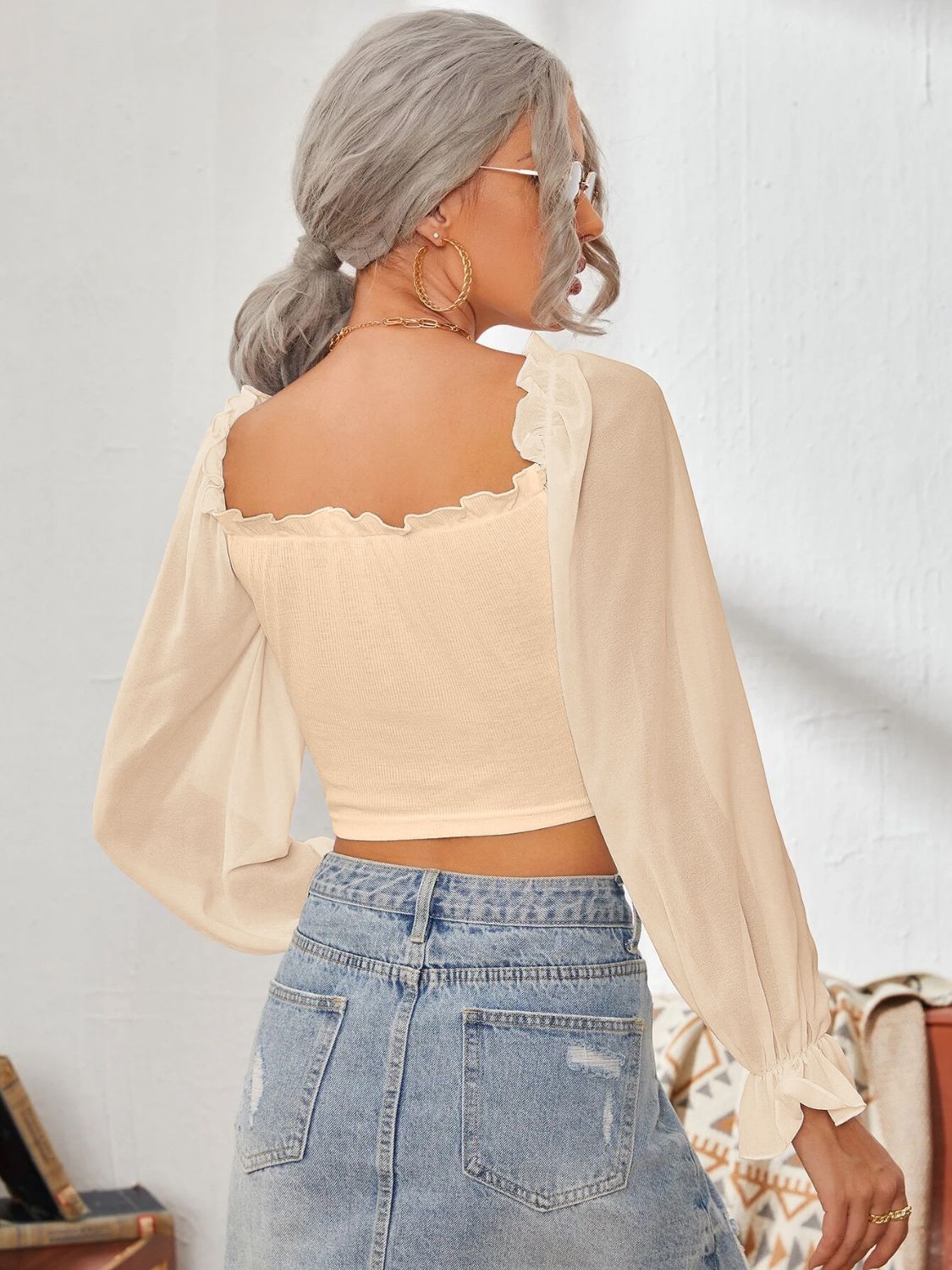 Mesh Sweetheart Neck Flounce Sleeve Top - Ladyez