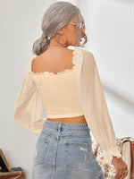 Mesh Sweetheart Neck Flounce Sleeve Top - Ladyez
