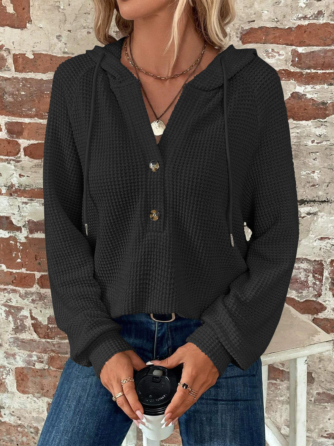 Waffle Knit Long Sleeve Drawstring Hooded Top - Ladyez