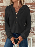 Waffle Knit Long Sleeve Drawstring Hooded Top - Ladyez