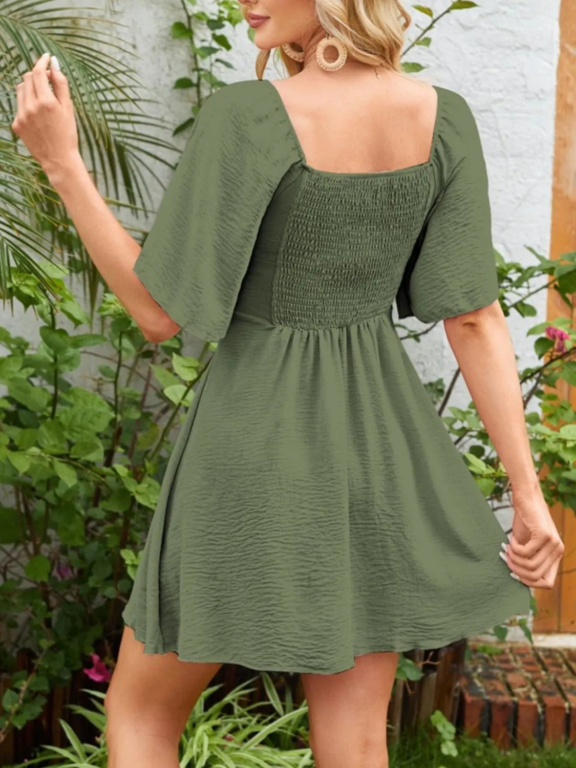 Smocked Back Knotted Flutter Sleeve Dress - Ladyez