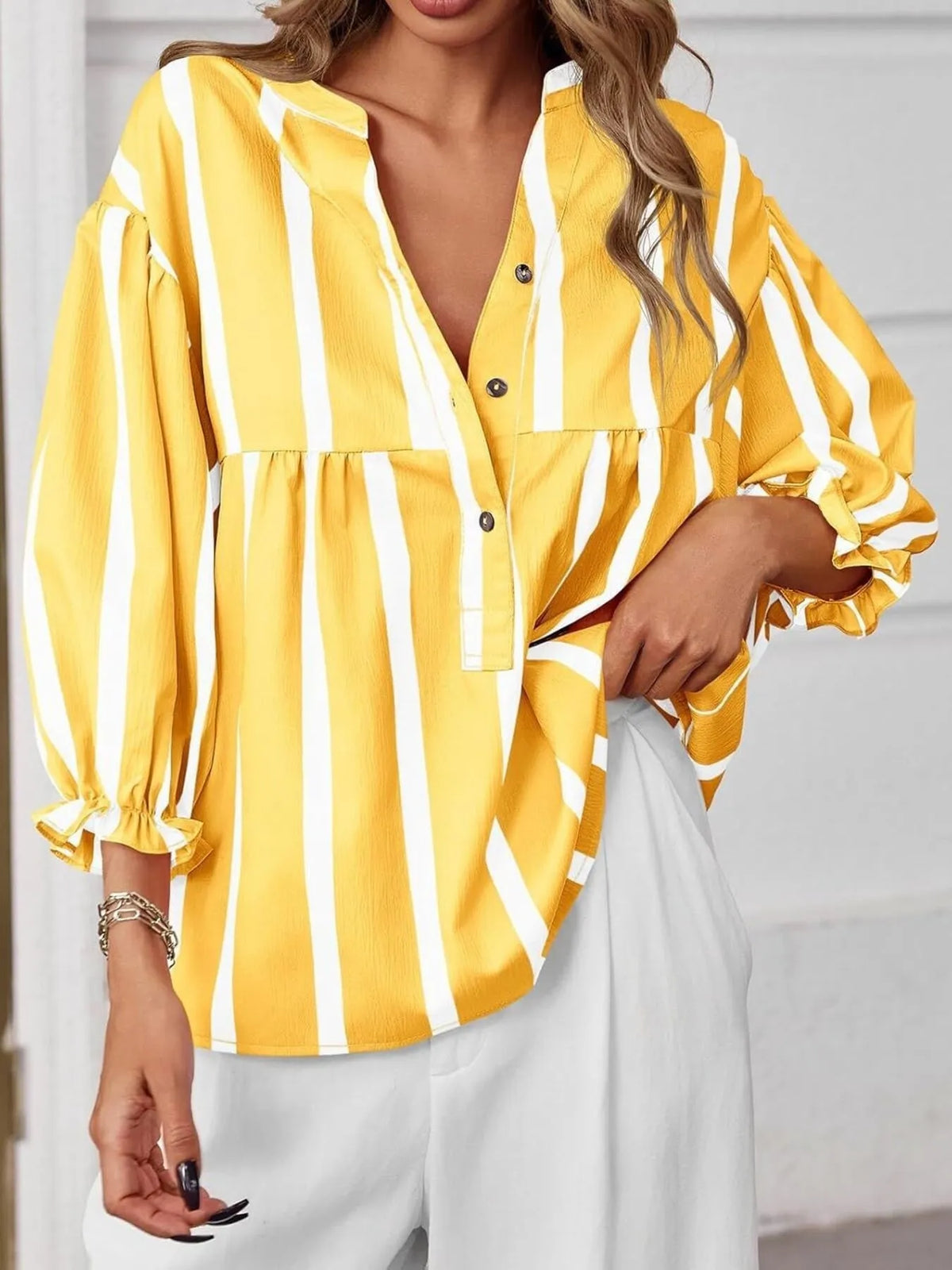 Striped Button Front Notched Blouse