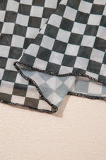Plaid Stand Neck Long Sleeve Mesh Top