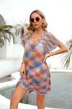 Angel Wings Openwork Contrast Short Sleeve Cover-Up - Ladyez