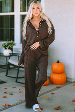 Buttoned Long Sleeve Top and Long Pants Lounge Set - Ladyez