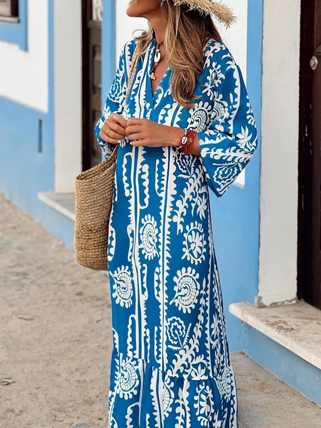 Printed Notched Half Sleeve Maxi Dress - Ladyez