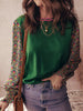 Floral Patchwork Shirred Cuff Puff Sleeve Knit Top