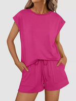 Round Neck Cap Sleeve Top and Shorts Set