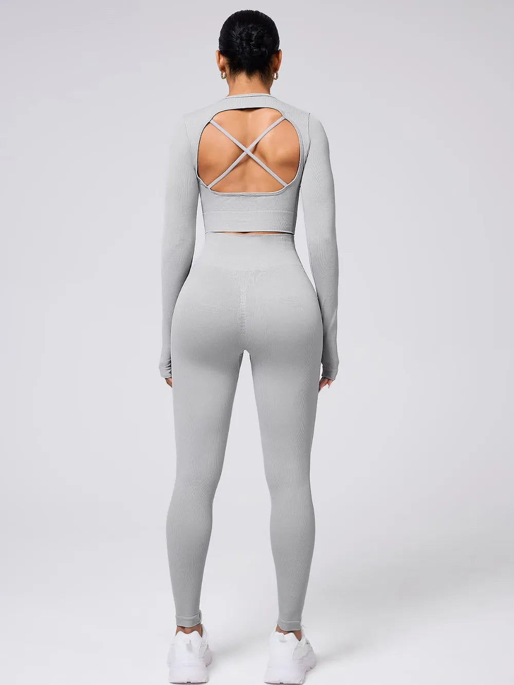 Back Crisscross Round Neck Long Sleeve Top and Leggings Active Set - Ladyez