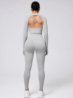Back Crisscross Round Neck Long Sleeve Top and Leggings Active Set - Ladyez
