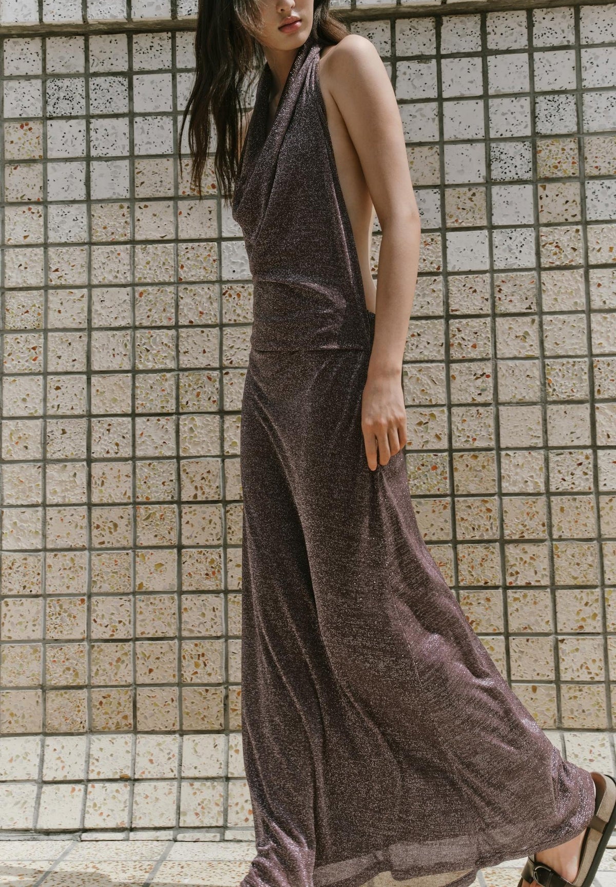 Women Clothing Autumn Backless Metallic Dress