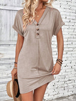 Summer Women Clothing All Match Buckle V neck Shoulder Roll Sleeve Solid Color Dress